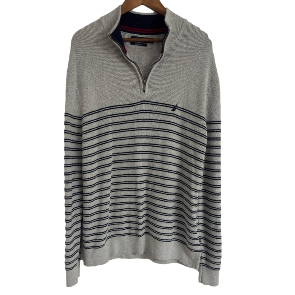 Nautica Men’s Stripe Navtech Quarter Zip Sweater Gray Navy Size XL